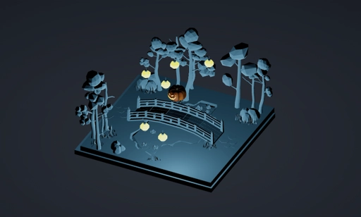 A cute diorama of a garden with a spoooky animated pumpkin. Preview image of the work "A Spoooky Pumpkin ๐ป ๐งช : An experiment with threlte"